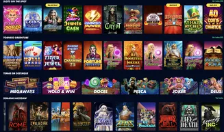 Galeria de jogos de slots online no site Solverde , com categorias como “Slots on the Spot”, “Torneio Greentube”, “Semana Hacksaw” e temas em destaque como Megaways, Joker e Deuses.